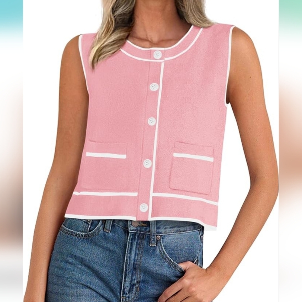 PRETTYGARDEN Pink &WhiteVest Casual Button Down NWT Size L - Picture 8 of 11